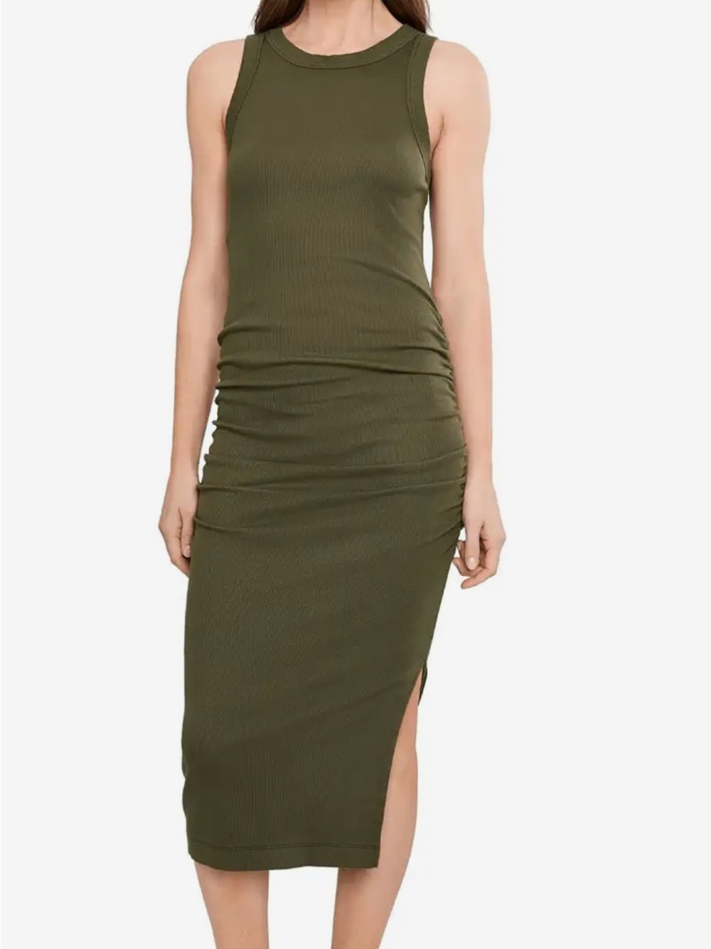 Sleeveless Olive Green Ribbed Midi Dress